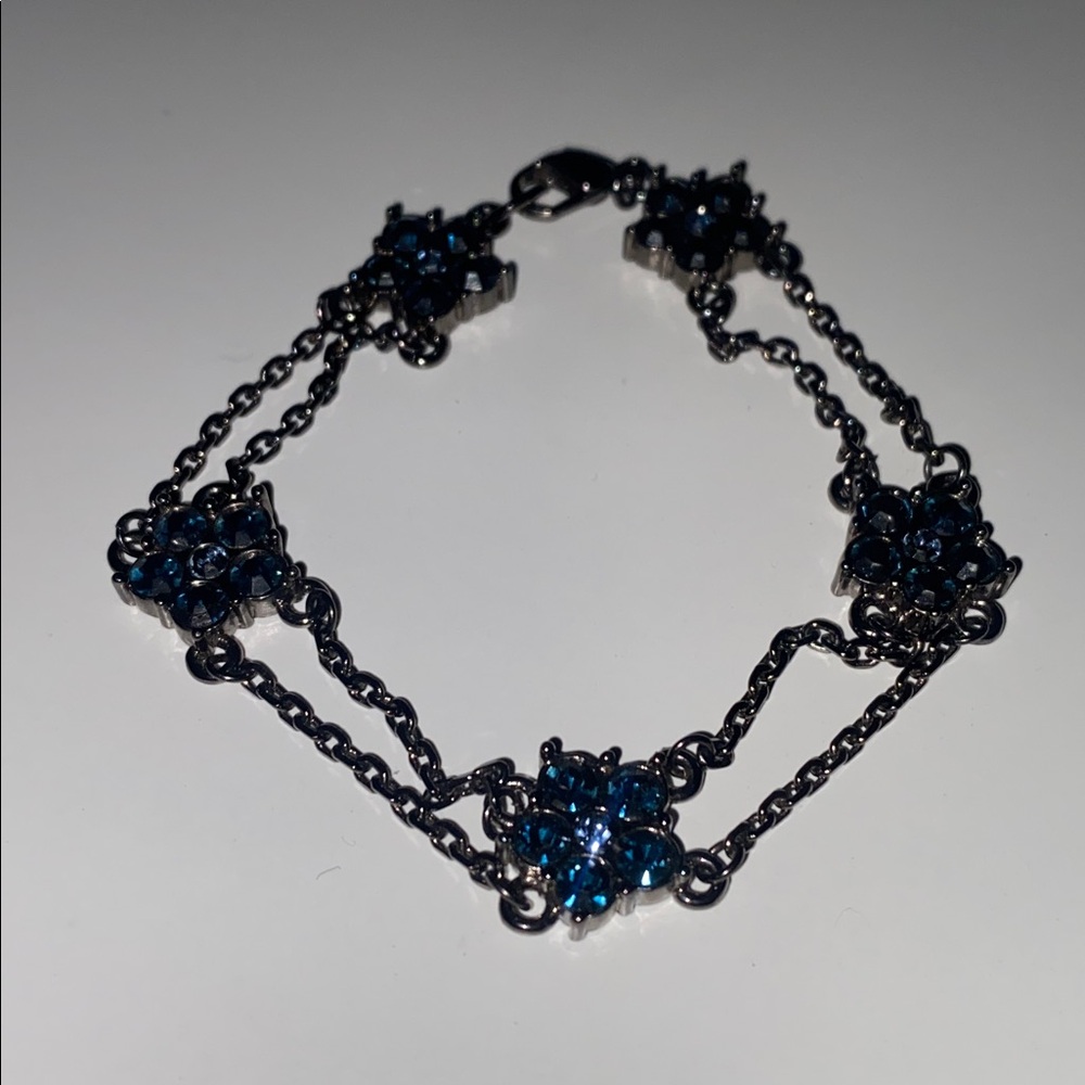 Givenchy Gunnmetal Dark Silver Blue Gemstone Double Chain Daisy Flower Bracelet - Picture 4 of 9